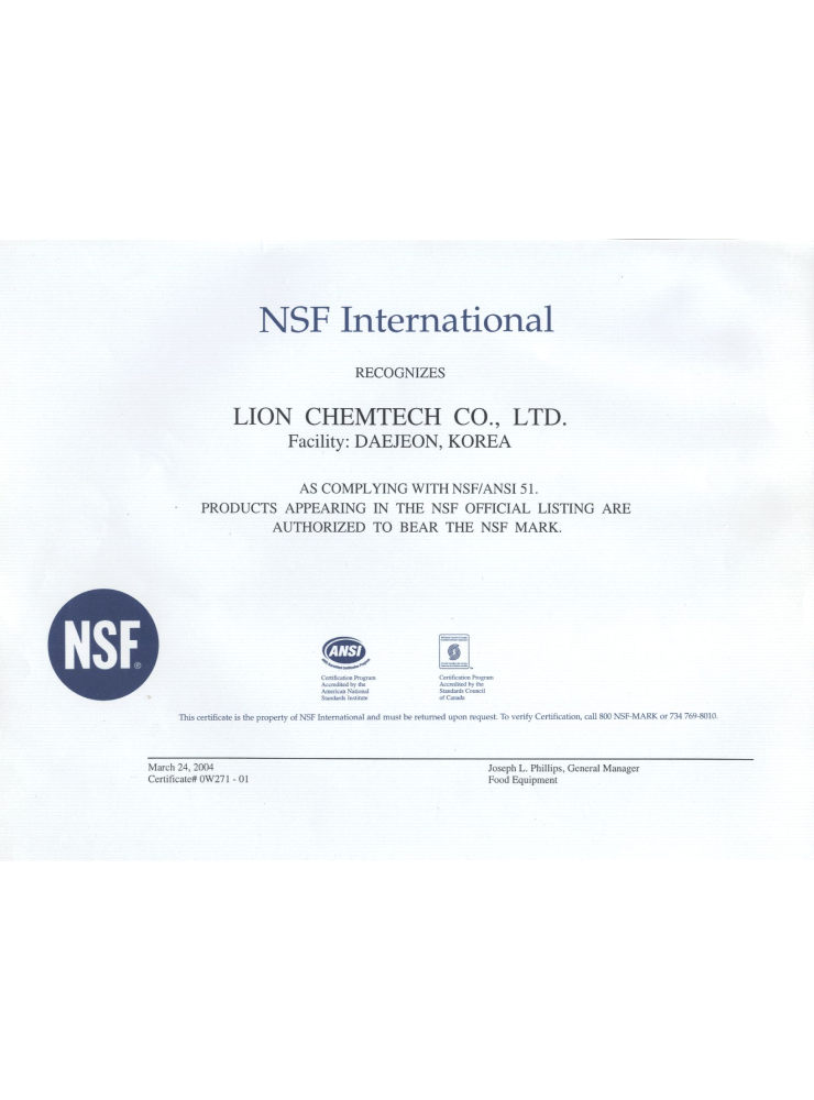 Lion Chemtech Co. Ltd. NSF ANSI51 standards compliance